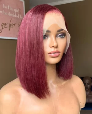 200% Vibrant Burgundy Straight Bob Transparent Lace Frontal Wig
