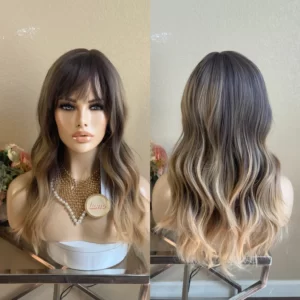 22'' caramel balayage brown synthetic wig with bang